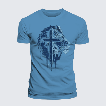 Lion of Faith Cross Jesus God Christian Premium Mercerized Cotton Tee