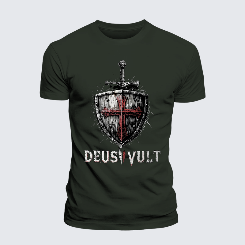 Deus Vult Crusader Shield Templar Cross Jesus God Christian Premium Mercerized Cotton Tee