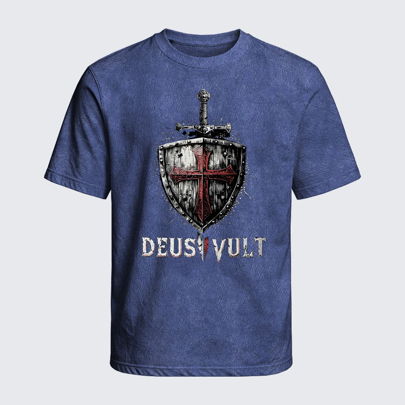 Washed T-Shirt - Deus Vult Crusader Shield Templar Cross