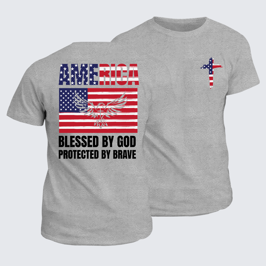 America Blessed By God Protected By Brave Flag Cross Jesus God Christian Cotton T-Shirt