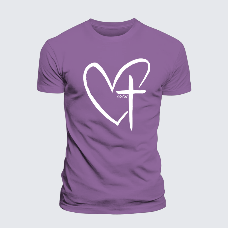 Cross Heart Jesus God Christian Premium Mercerized Cotton Tee