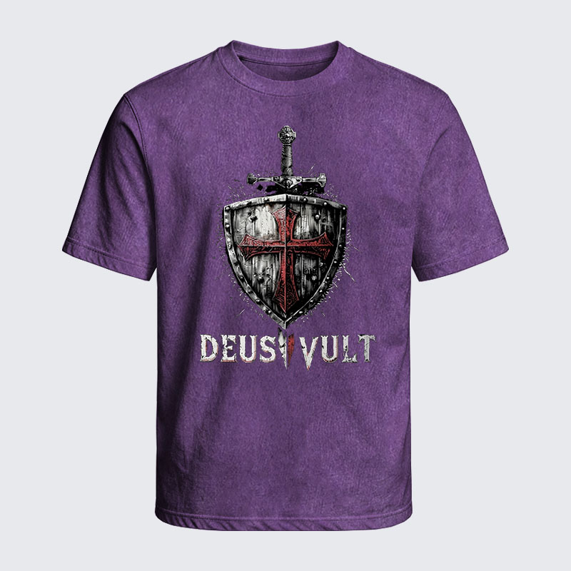 Washed T-Shirt - Deus Vult Crusader Shield Templar Cross