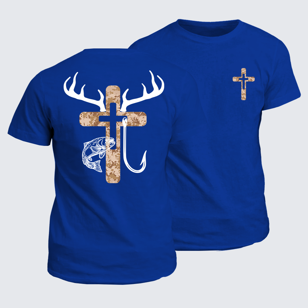 Hunting Fishing Faith Deer Antlers Cross Jesus God Christian Cotton T-Shirt
