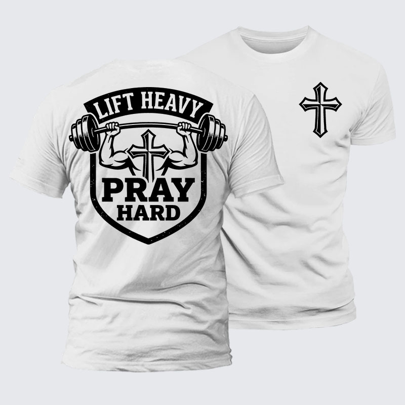 Lift Heavy Pray Hard Jesus God Christian – Premium Mercerized Cotton Tee