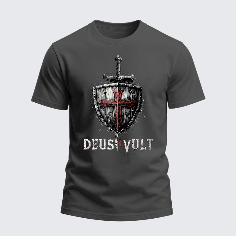 Heavyweight Cotton Tee - Deus Vult Crusader Shield Templar Cross
