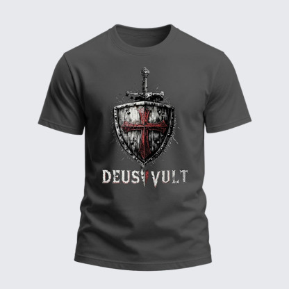 Heavyweight Cotton Tee - Deus Vult Crusader Shield Templar Cross