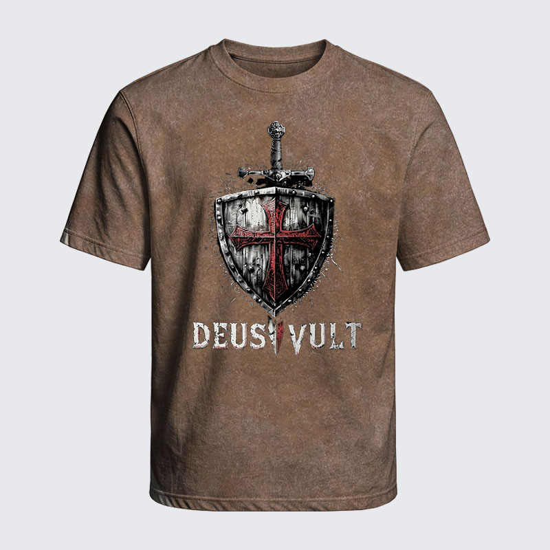Washed T-Shirt - Deus Vult Crusader Shield Templar Cross