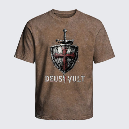 Washed T-Shirt - Deus Vult Crusader Shield Templar Cross
