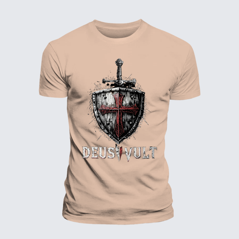 Deus Vult Crusader Shield Templar Cross Jesus God Christian Premium Mercerized Cotton Tee
