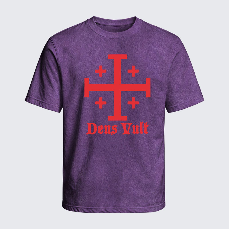 Washed T-Shirt - Jerusalem Cross Deus Vult