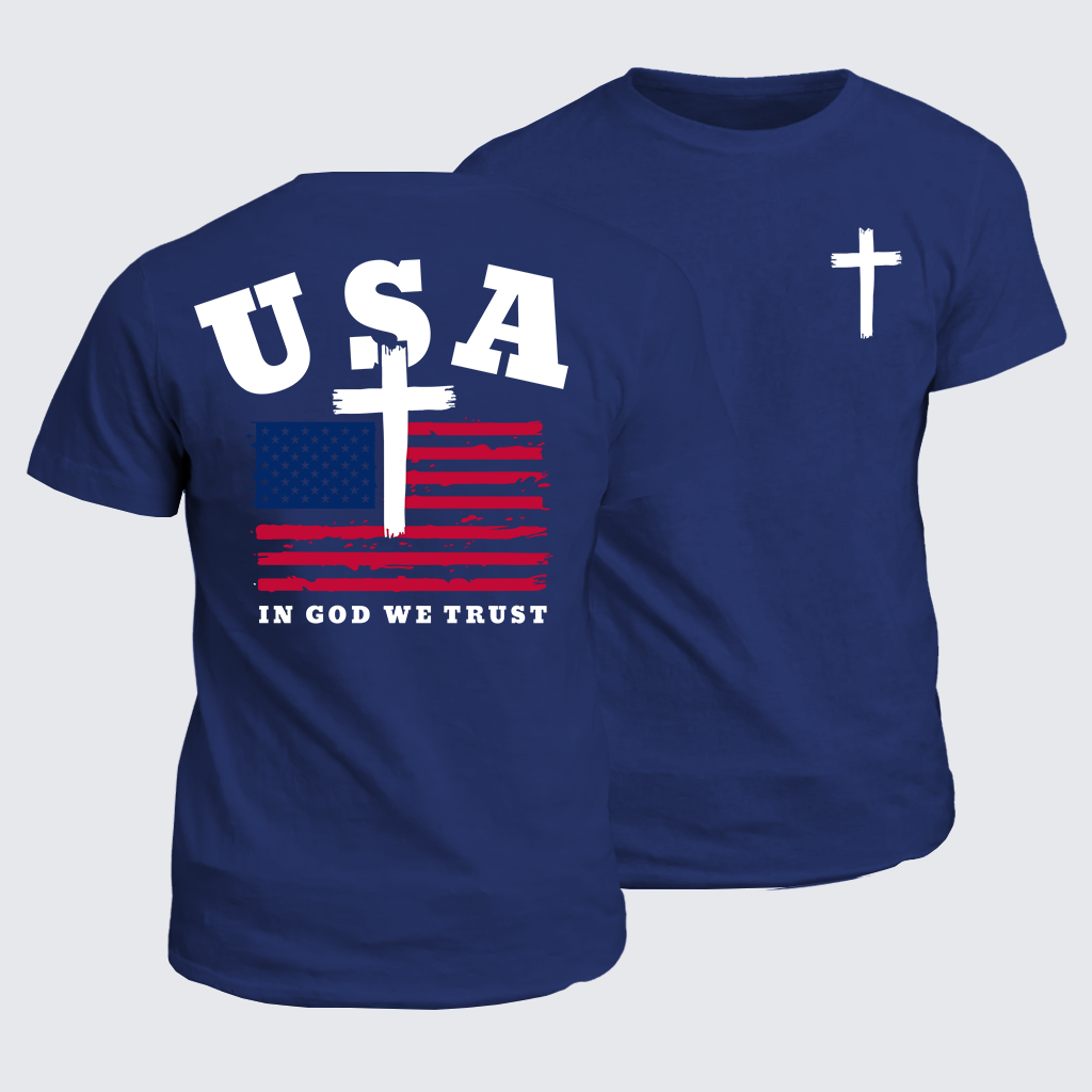 In God We Trust USA Flag Cross Jesus God Christian Cotton T-Shirt