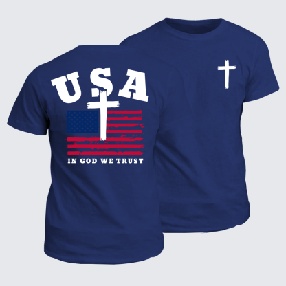 In God We Trust USA Flag Cross Jesus God Christian Cotton T-Shirt