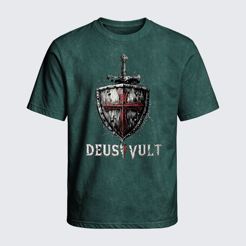 Washed T-Shirt - Deus Vult Crusader Shield Templar Cross