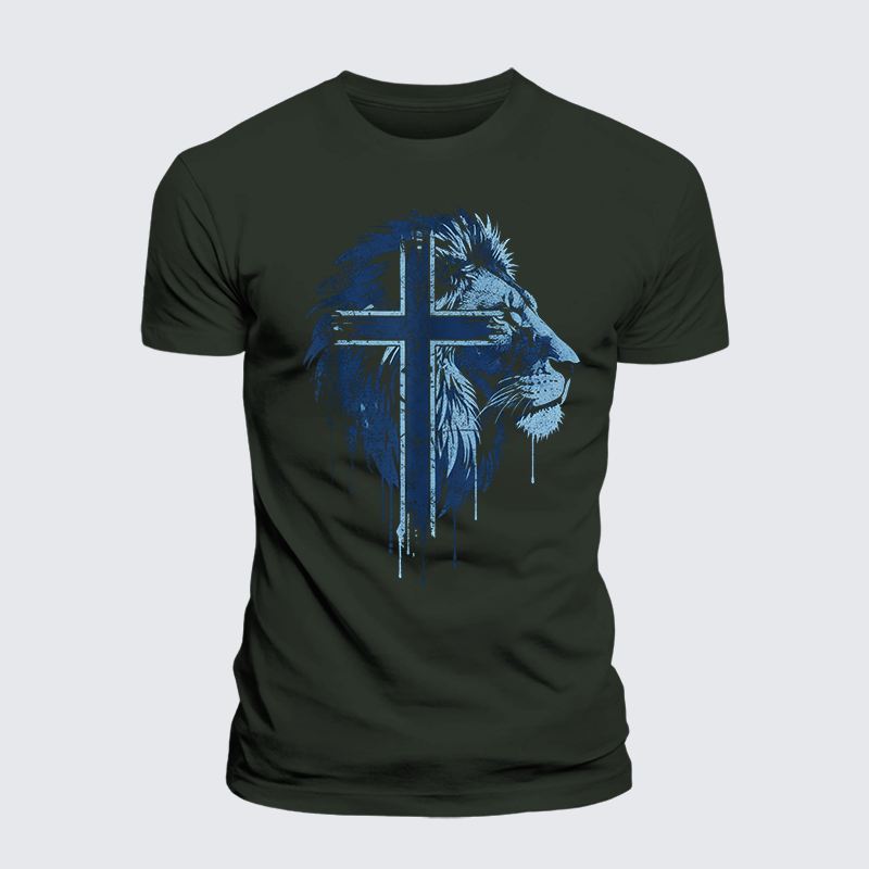 Lion of Faith Cross Jesus God Christian Premium Mercerized Cotton Tee