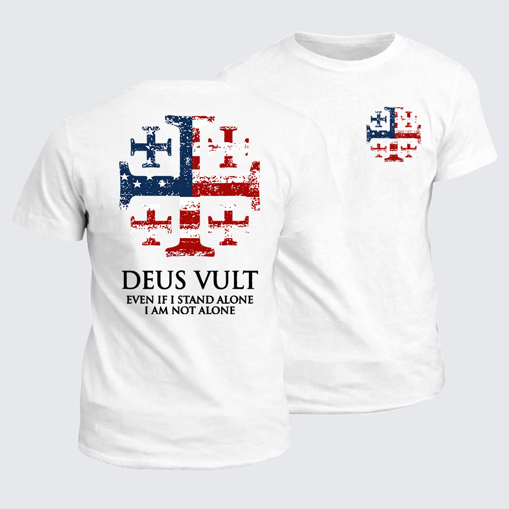 Classic Cotton Tee -  Deus Vult Jerusalem Cross Usa Flag Even If I Stand Alone, I Am Not Alone