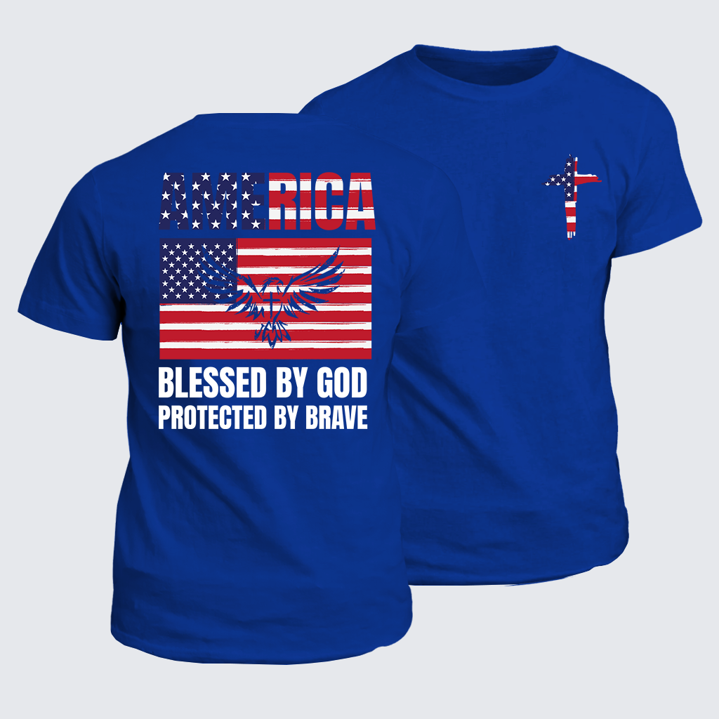 America Blessed By God Protected By Brave Flag Cross Jesus God Christian Cotton T-Shirt