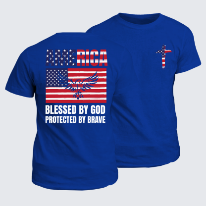 America Blessed By God Protected By Brave Flag Cross Jesus God Christian Cotton T-Shirt