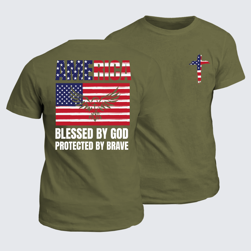 America Blessed By God Protected By Brave Flag Cross Jesus God Christian Cotton T-Shirt