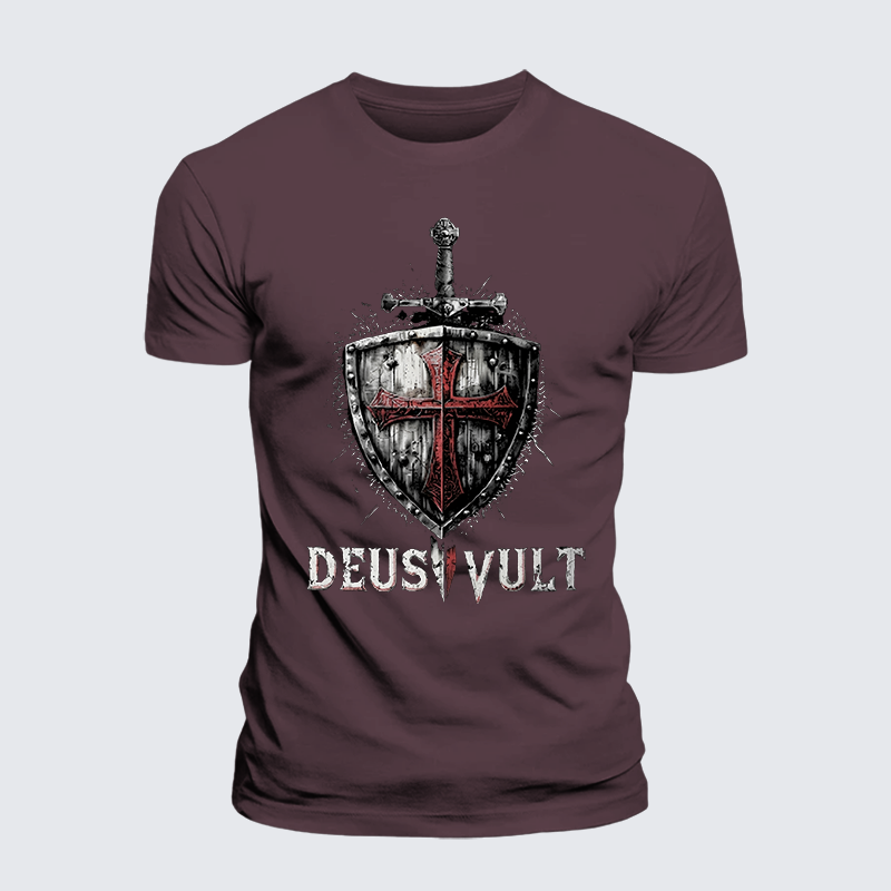 Deus Vult Crusader Shield Templar Cross Jesus God Christian Premium Mercerized Cotton Tee