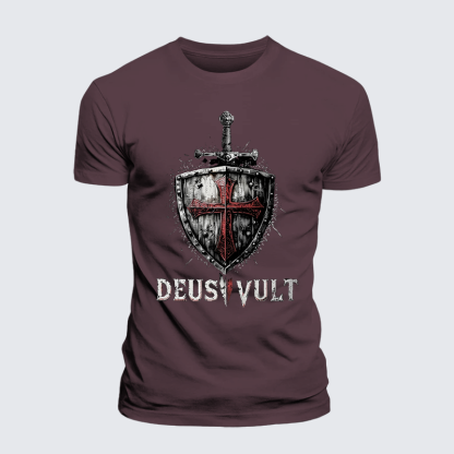Deus Vult Crusader Shield Templar Cross Jesus God Christian Premium Mercerized Cotton Tee