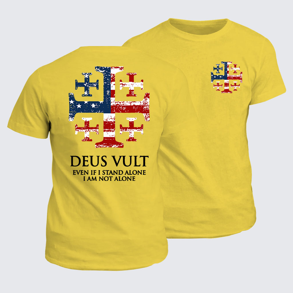 Classic Cotton Tee -  Deus Vult Jerusalem Cross Usa Flag Even If I Stand Alone, I Am Not Alone
