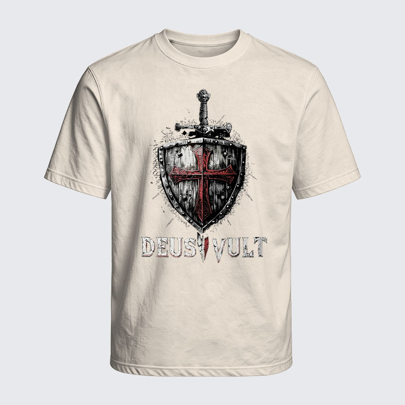 Washed T-Shirt - Deus Vult Crusader Shield Templar Cross