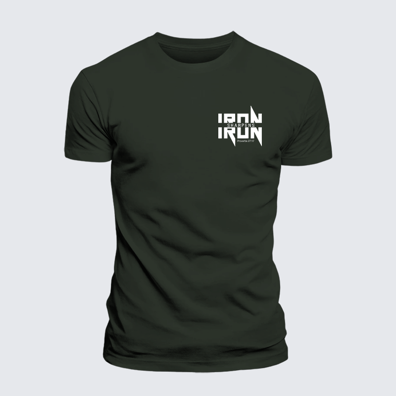 IRON SHARPENS IRON Proverbs 27:17 Jesus God Christian Premium Mercerized Cotton Tee