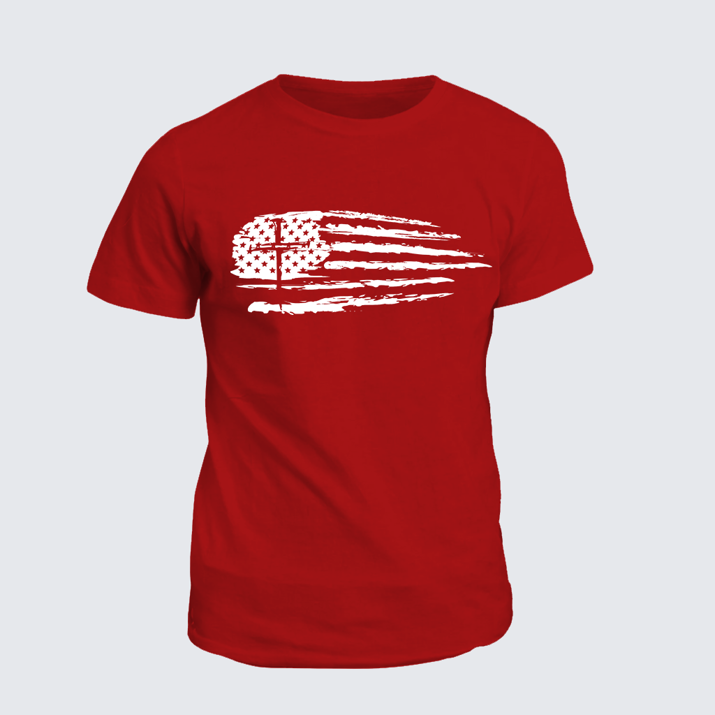 Tattered Flag Cross Jesus God Christian Cotton T-Shirt
