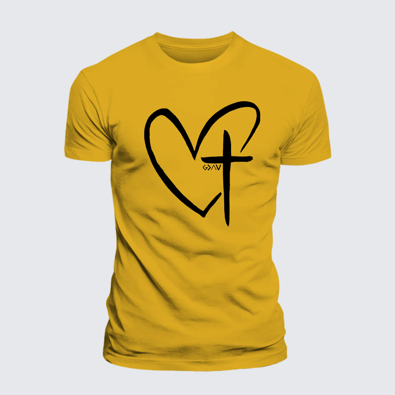 Cross Heart Jesus God Christian Premium Mercerized Cotton Tee
