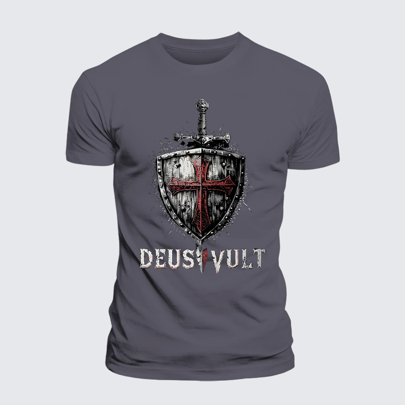 Deus Vult Crusader Shield Templar Cross Jesus God Christian Premium Mercerized Cotton Tee