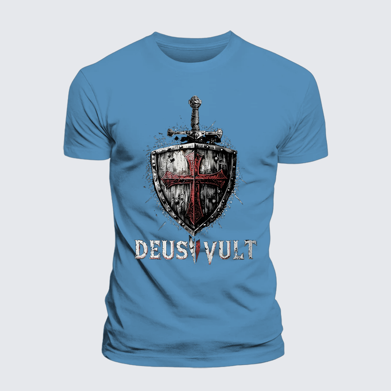 Deus Vult Crusader Shield Templar Cross Jesus God Christian Premium Mercerized Cotton Tee