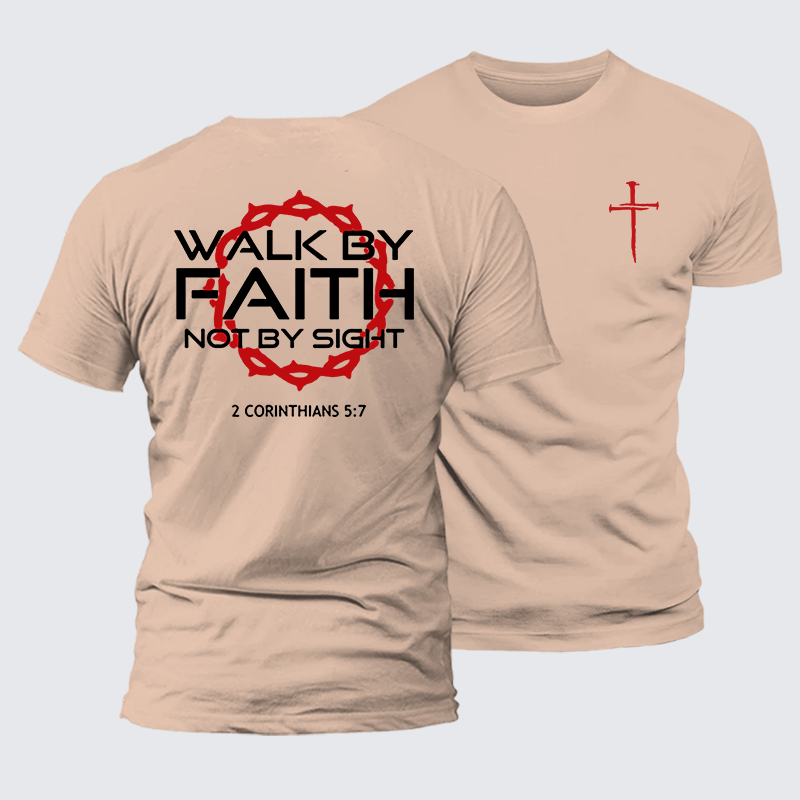 Walk By Faith Not By Sight 2 Corinthians 5:7 Cross Jesus God Christian Premium Mercerized Cotton Tee
