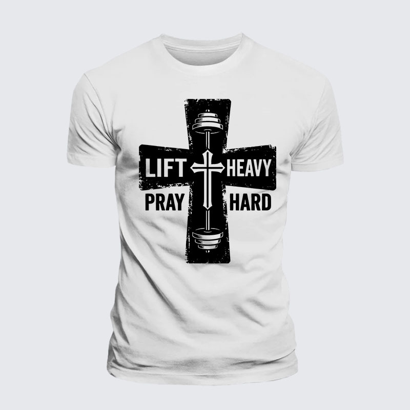 Lift Heavy Pray Hard Jesus God Christian Premium Mercerized Cotton Tee