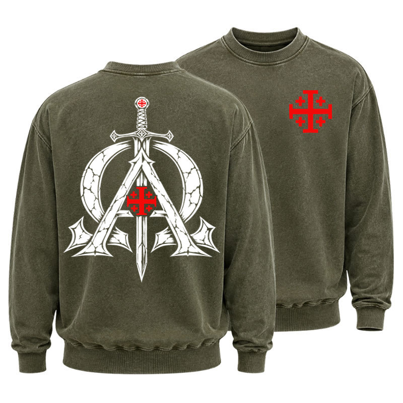 Washed Sweatshirt - Alpha & Omega – Revelation 22:13 Christian Warrior - Army Green (front and back)