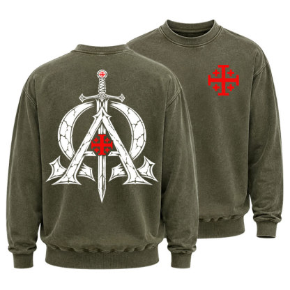 Washed Sweatshirt - Alpha & Omega – Revelation 22:13 Christian Warrior - Army Green (front and back)