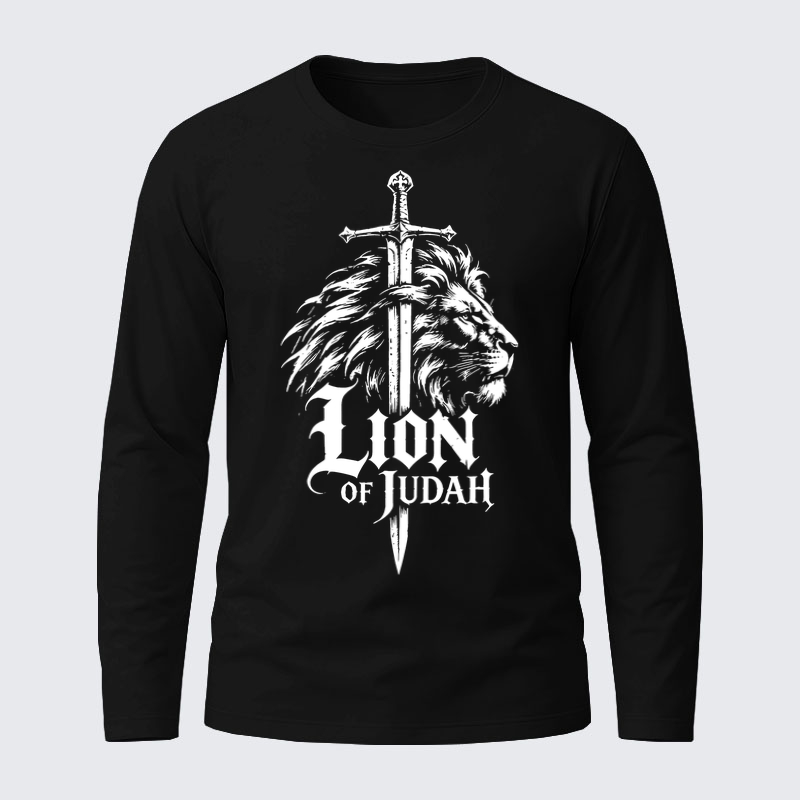 Long Sleeve Cotton Tee - Lion of Judah - Black (front)