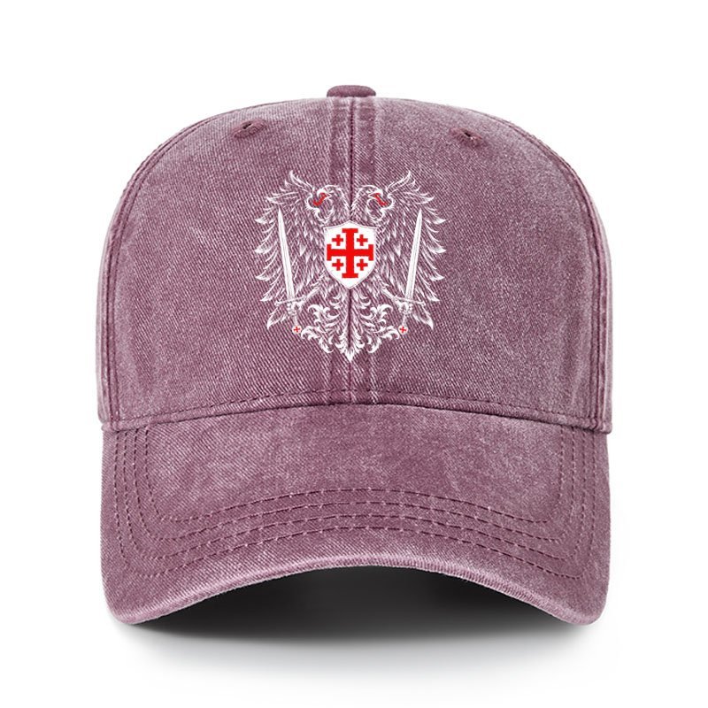 Heritage Washed Cap - Jerusalem Cross – Christian Double-Headed Eagle Warrior - Wine Red (front)