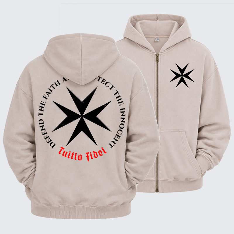 Washed Zip-Up Hoodie - Defend the Faith, Protect the Innocent Christian Knighti – Tuitio Fide - Beige (front and back)