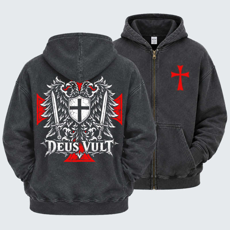 Washed Zip-Up Hoodie  – Deus Vult – Medieval Christian Double-Headed Eagle