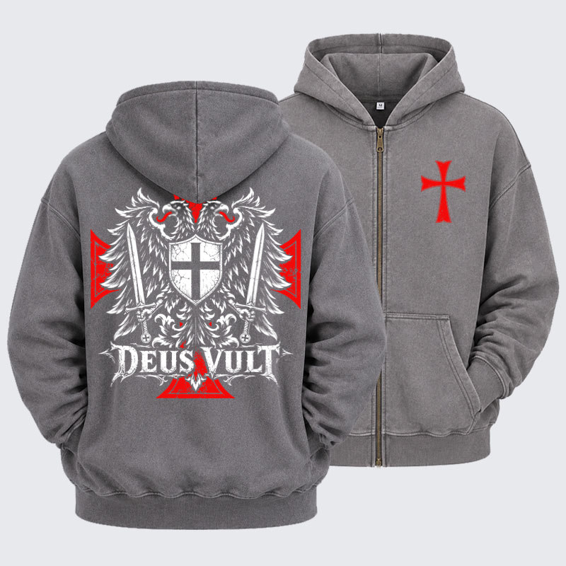 Washed Zip-Up Hoodie  – Deus Vult – Medieval Christian Double-Headed Eagle