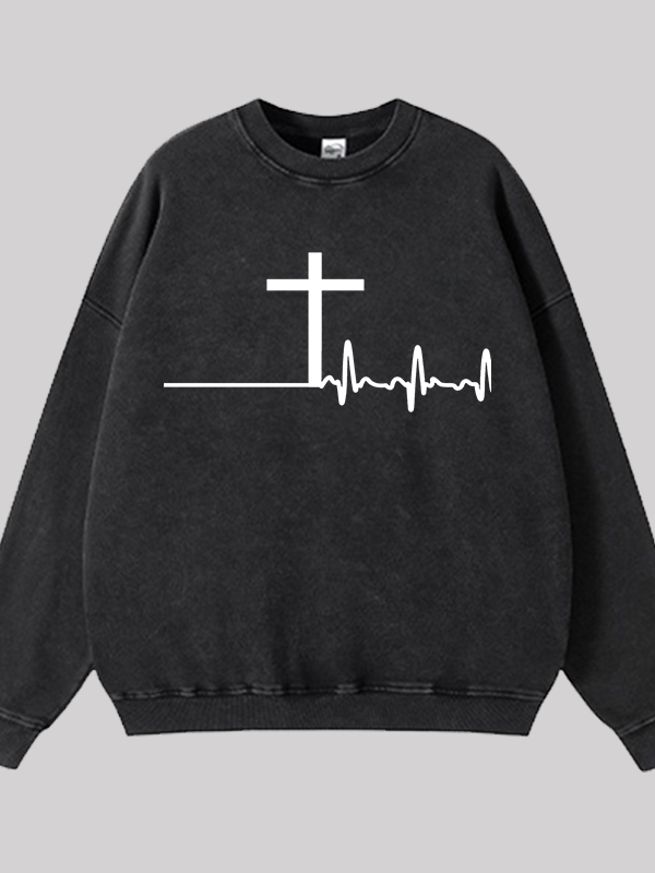 ECG Cross Jesus God Christian Washed Sweatshirt