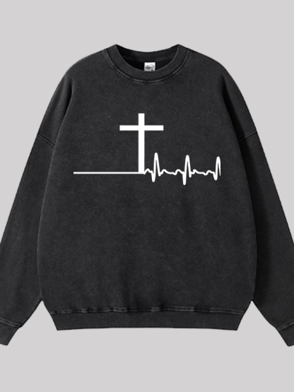 ECG Cross Jesus God Christian Washed Sweatshirt
