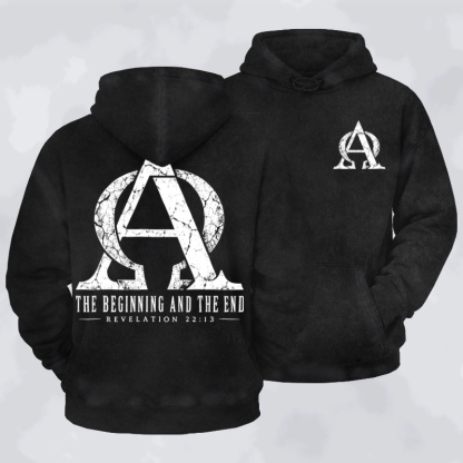 Washed Hoodie - Alpha & Omega – The Beginning and the End - Black (front and back)