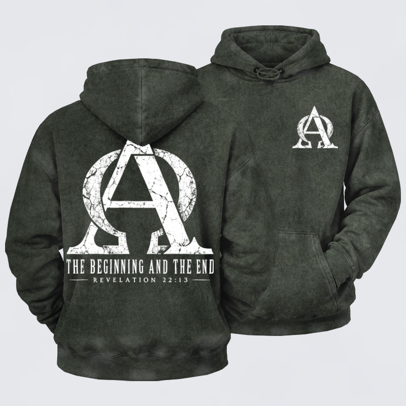 Washed Hoodie - Alpha & Omega – The Beginning and the End - Army green (front and back)