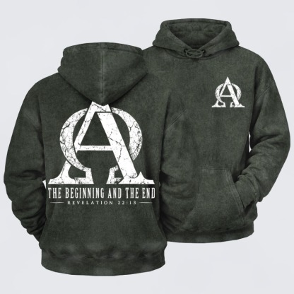 Washed Hoodie - Alpha & Omega – The Beginning and the End - Army green (front and back)