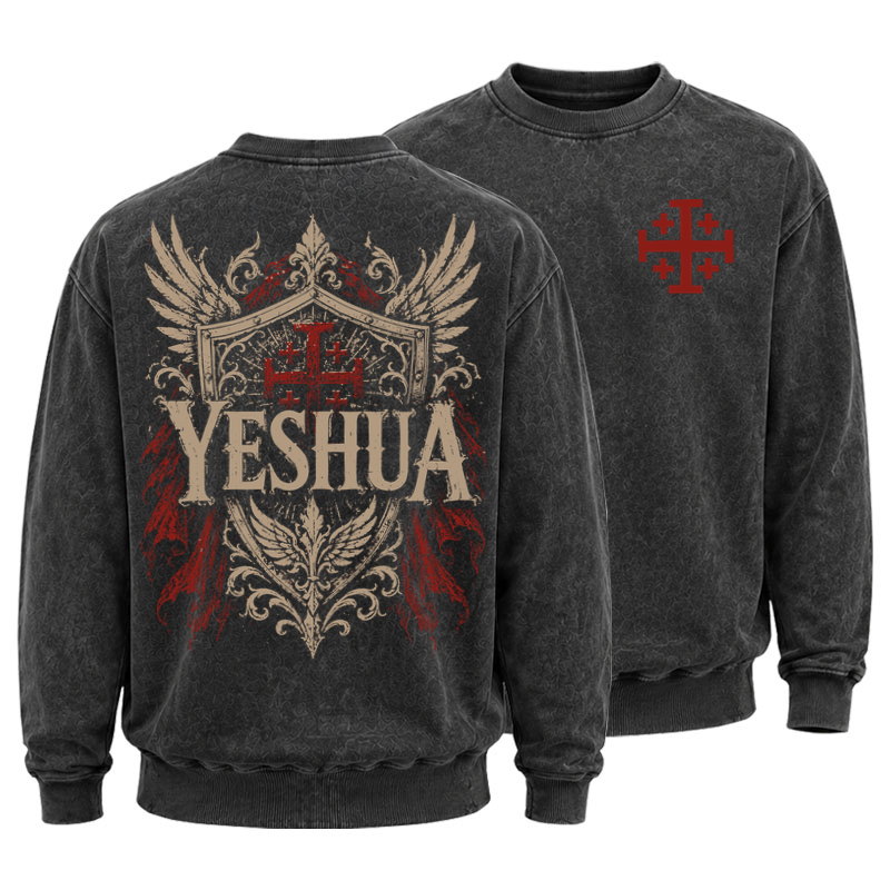 Washed Sweatshirt - Yeshua – King of Kings - Black (front and back)