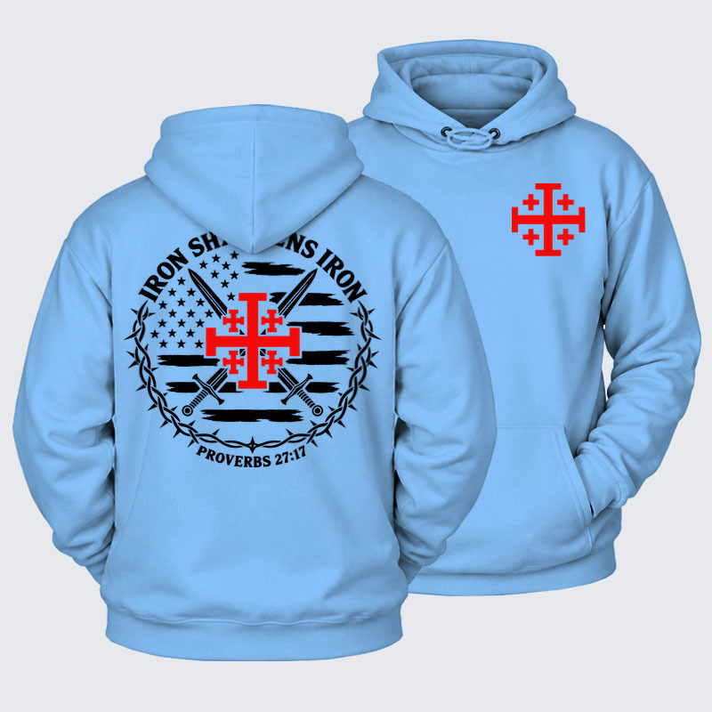 Plush Fleece-Lined Hoodie - Iron Sharpens Iron – Jerusalem Cross & American Flag - Blue (front and back)