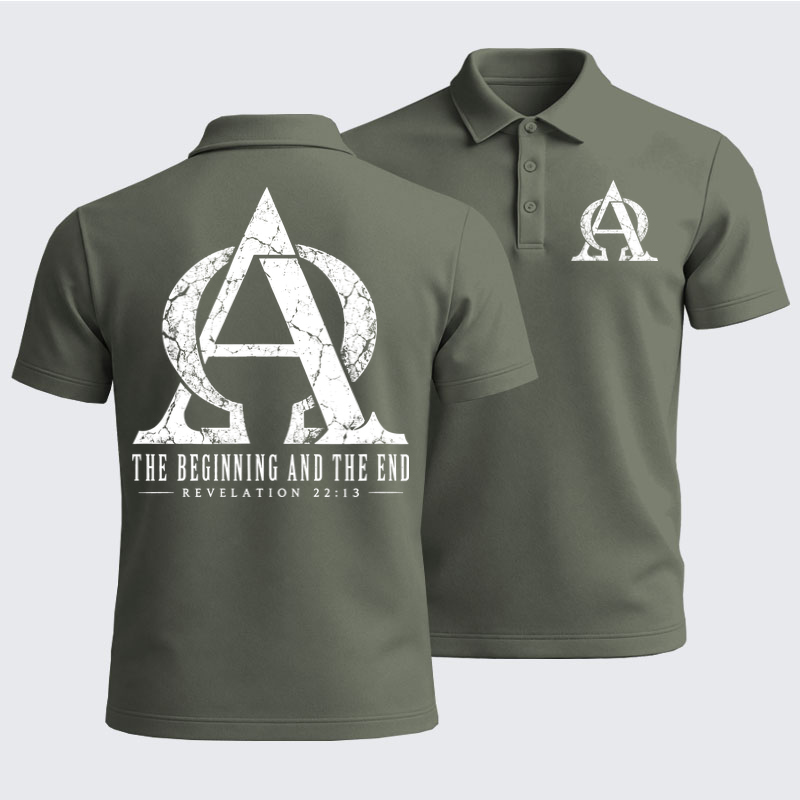 Men’s Premium Cotton Polo Shirt - Alpha & Omega – The Beginning and the End - Grey Green (front and back)