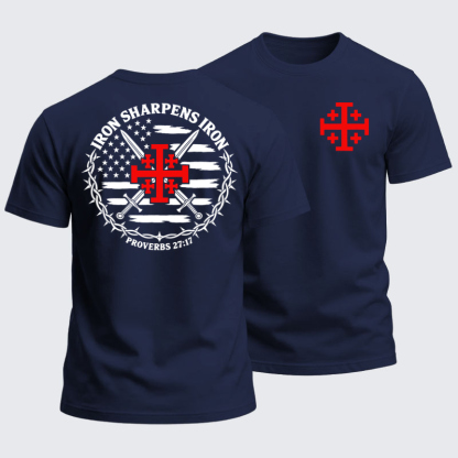 Heavyweight Cotton Tee - Iron Sharpens Iron – Jerusalem Cross & American Flag - Navy Blue (front and back)