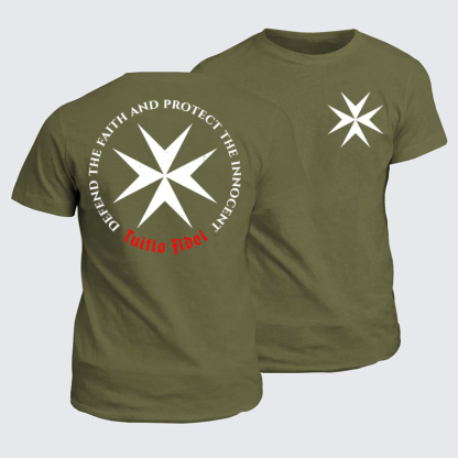 Classic Cotton Tee - Defend the Faith, Protect the Innocent Christian Knighti – Tuitio Fide - Army Green (front and back)
